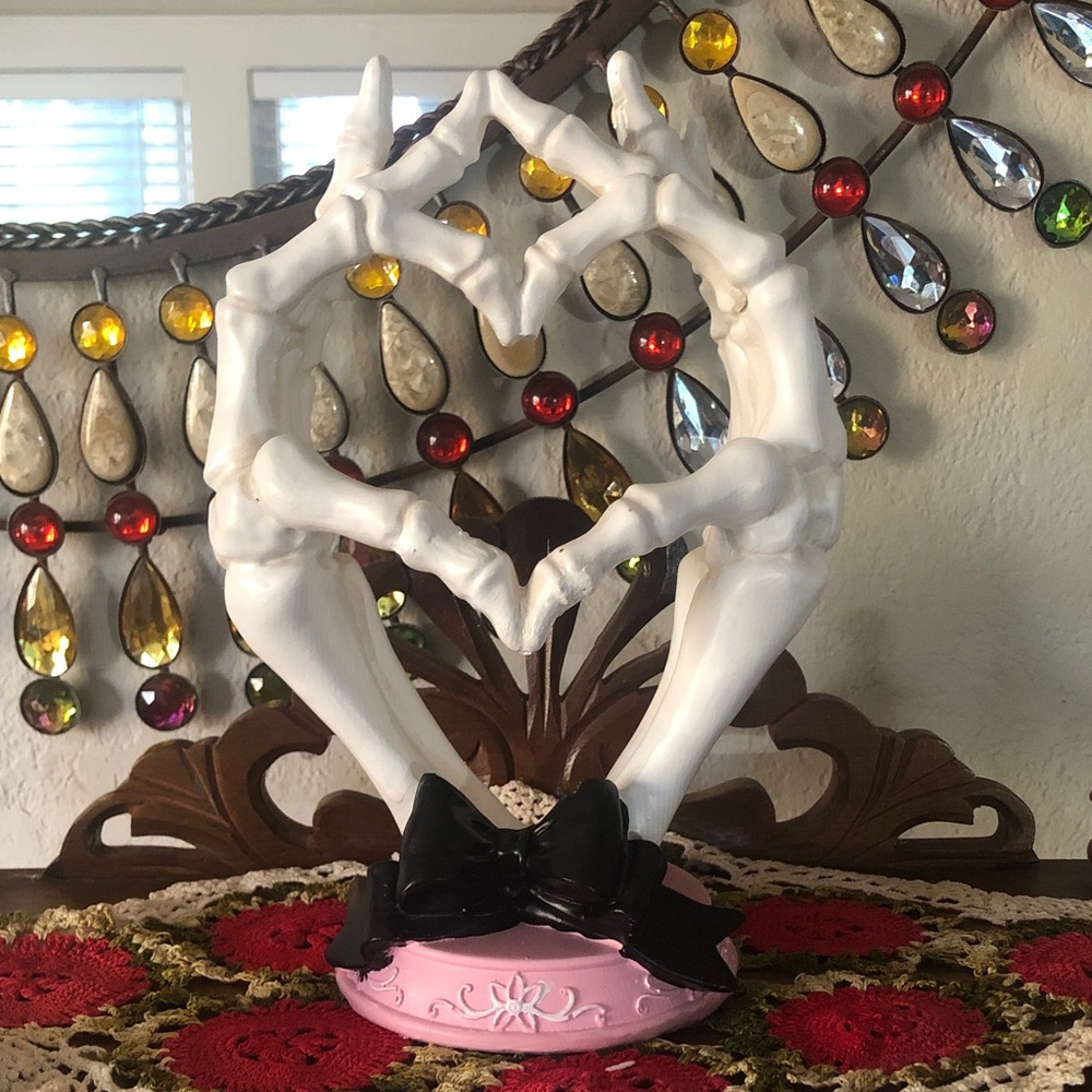 NEW Decorative White Skeleton Hand Heart Sculpture with Pink Base